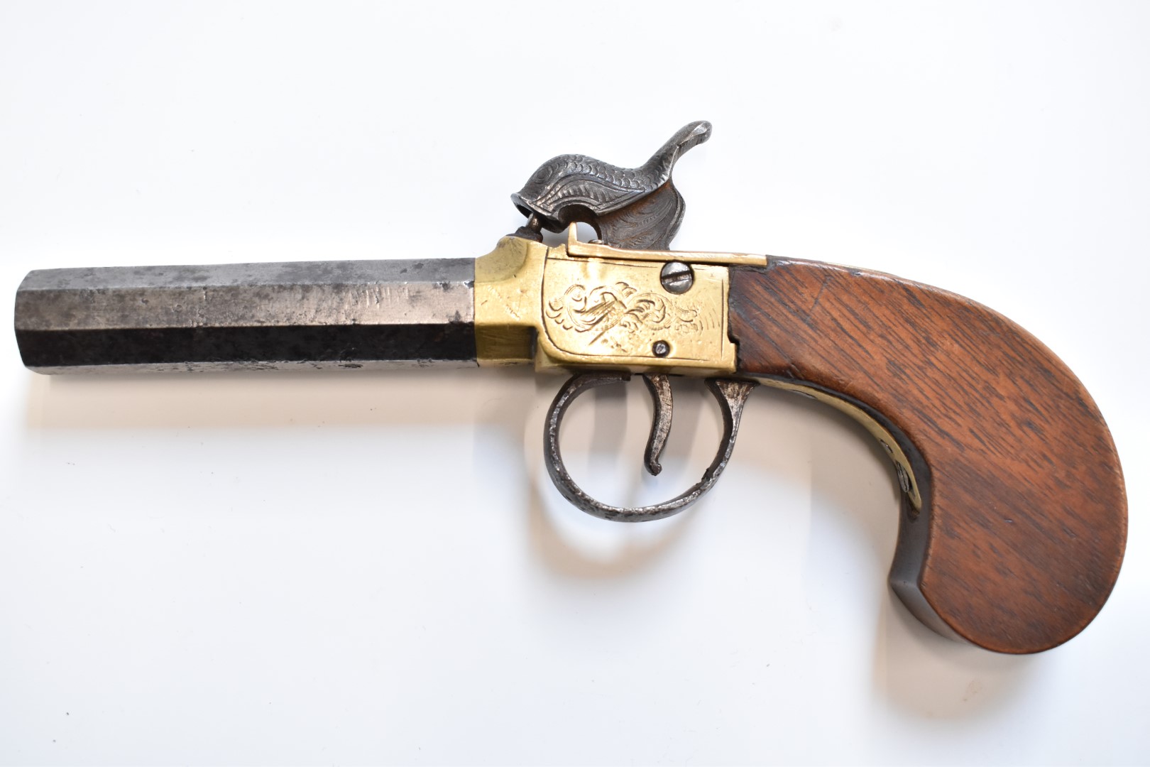 Unnamed single barrel percussion hammer action pocket pistol with engraved brass frame and top - Image 3 of 7