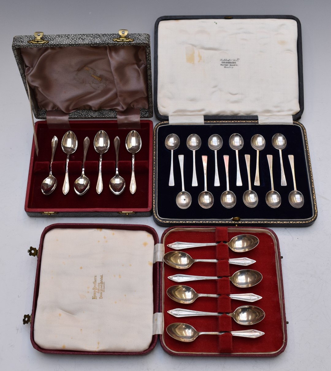 Three cased sets of hallmarked silver coffee or teaspoons, weight 198g