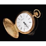 Woodford gold plated keyless winding full hunter pocket watch with subsidiary seconds dial, Roman