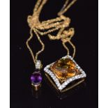 Two 9k gold pendants, one set with a citrine and the other amethyst and diamonds, both on 9k gold