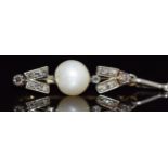 A late Victorian brooch set with a natural pearl and diamonds, 2.3g, 2.5cm long