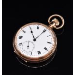 Buren gold plated keyless winding open faced pocket watch with subsidiary seconds dial, blued hands,