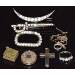 A silver brooch set with paste, two paste brooches, locket, cross pendant, and 9ct gold ring set