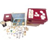 A collection of jewellery including silver cufflinks, other cufflinks, brooches, silver ring,