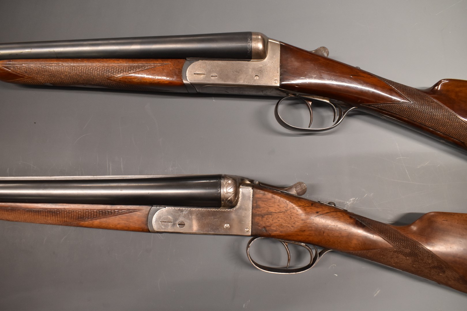 Two Spanish 12 bore side by side shotguns, one Master with chequered grip and forend, double trigger - Image 7 of 9