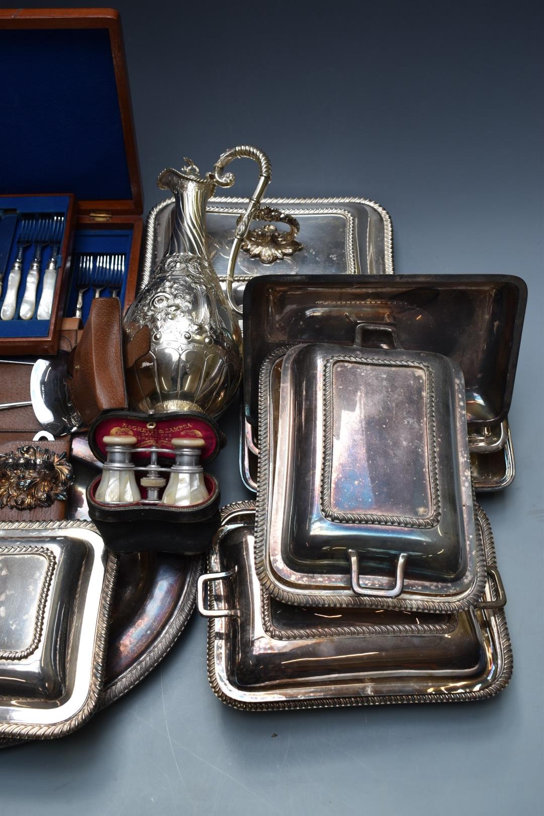 Silver plated ware including a claret jug, tray, entrée dishes including Elkington, two 'from the - Image 4 of 4