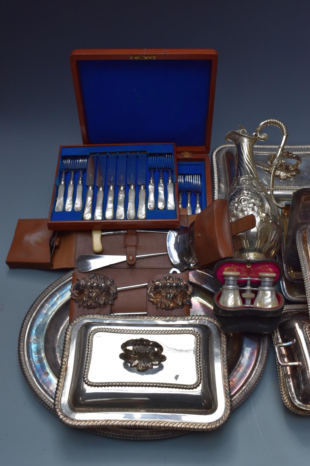 Silver plated ware including a claret jug, tray, entrée dishes including Elkington, two 'from the - Image 3 of 4