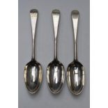 Set of three George III bottom hallmarked silver Old English pattern table spoons, two London 1770