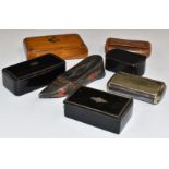 Seven various Georgian and later snuff boxes to include shoes, lacquer and satinwood, length of