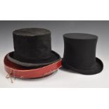 Collapsible top hat in box, Hillhouse & Co Hatters, and a silk top hat by Christys London