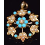 Edwardian pendant/ brooch set with seed pearls and turquoise, 5.5g, 2.5cm