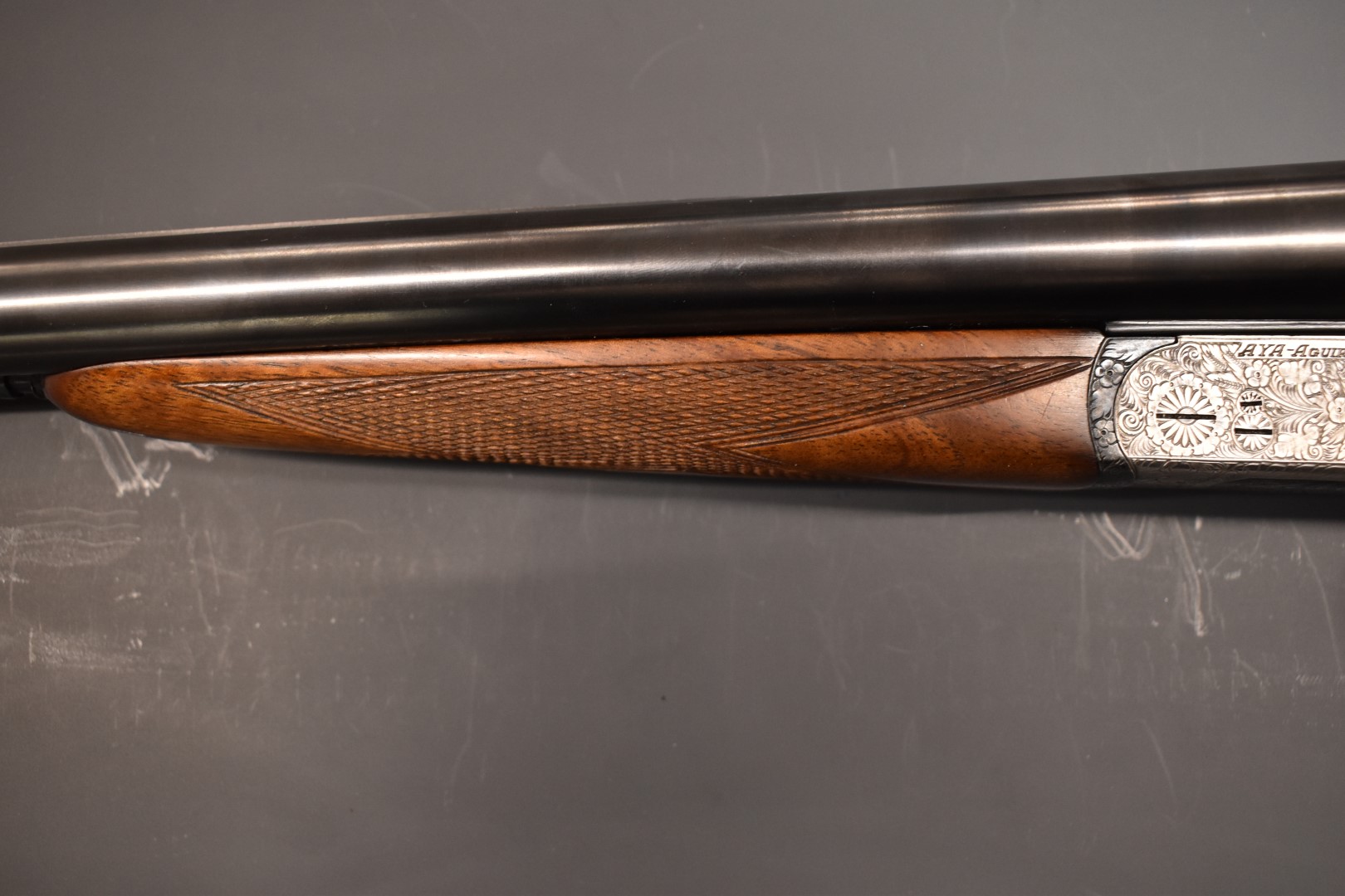 AYA No.4 12 bore ejector shotgun with heavily engraved decoration to the named locks, underside, - Image 9 of 12