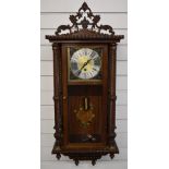 20thC German wall clock with single train fusee movement, in inlaid marquetry case with barley twist