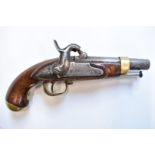 French Gendarmerie percussion hammer action pistol with brass trigger guard and mounts, lock stamped