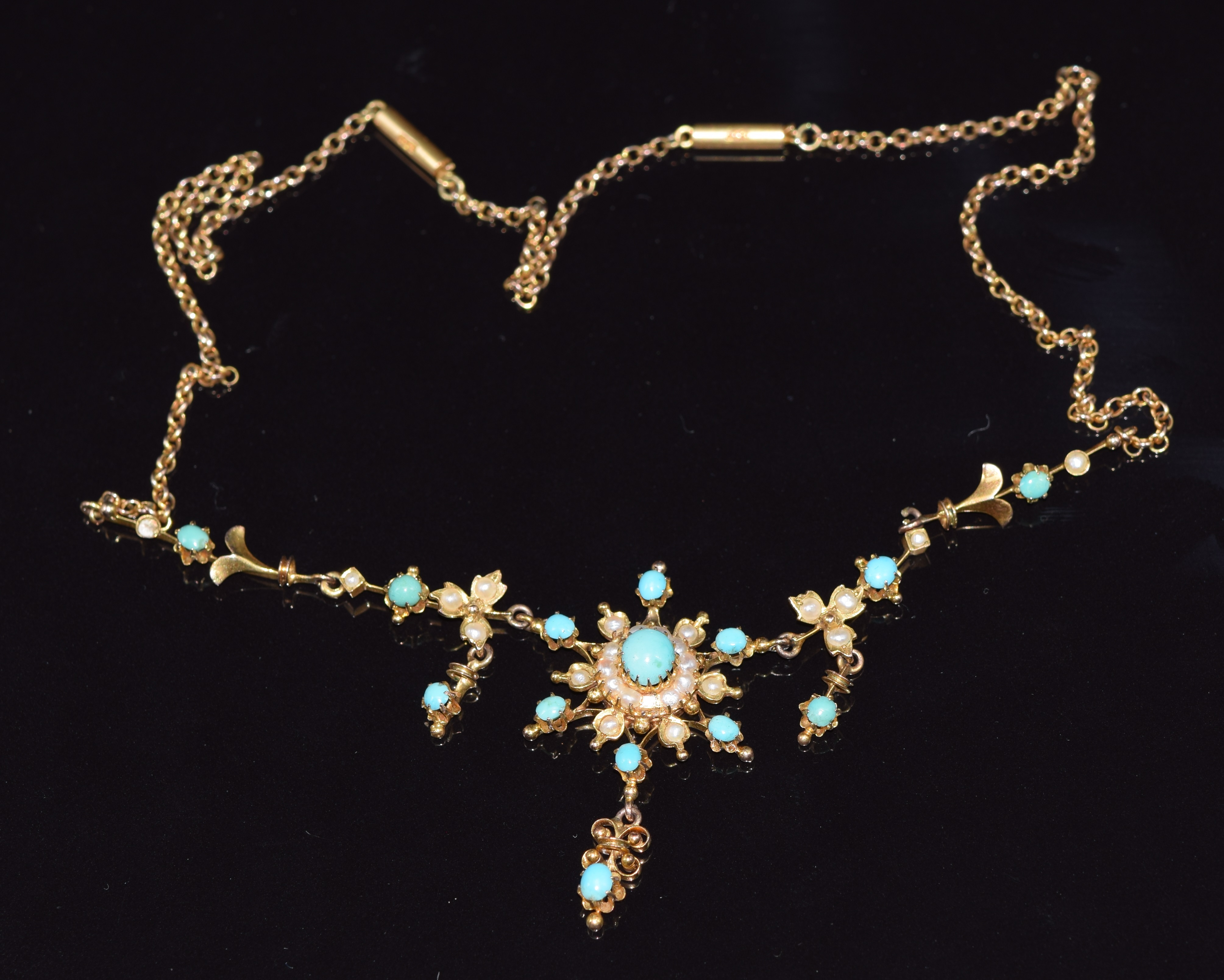 Edwardian 9ct gold necklace set with turquoise and seed pearls, 6.5g