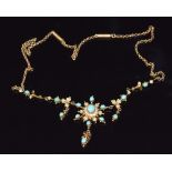 Edwardian 9ct gold necklace set with turquoise and seed pearls, 6.5g