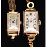 Two Art Deco style 9ct gold ladies wristwatches each with gold hands, Arabic numerals and silver