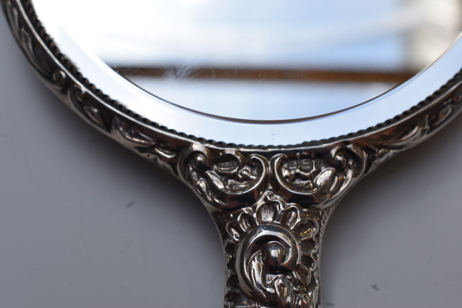 Hallmarked silver mounted dressing table items comprising hand mirror, two brushes and comb, - Image 3 of 8