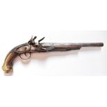 Turkish flintlock hammer action pistol with engraved steel trigger guard, brass butt plate