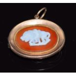 Victorian mourning locket set with a agate with a section depicting cupid as a lion tamer, verso a