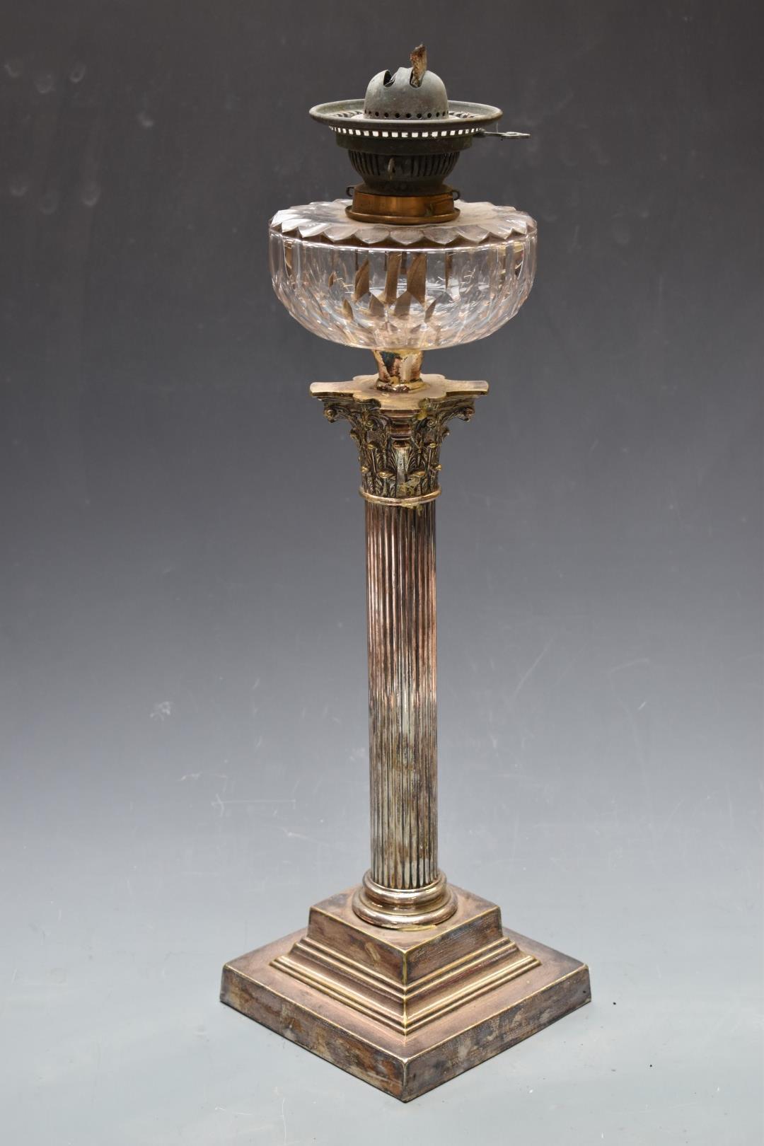 Silver plated Corinthian column oil lamp with cut glass reservoir and Hink's no 2 Patent Burner, - Image 2 of 3