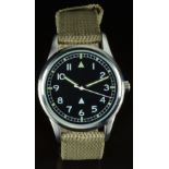 British RAF military style wristwatch with luminous hands and hour markers, white Arabic numerals,