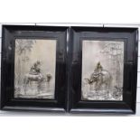 Pair of framed WMF silver plated panels with relief decoration, one depicting a man on camel below