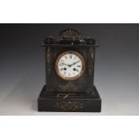 19thC slate and marble mantel clock, the Roman and enamel dial with steel beetle and poker hands,