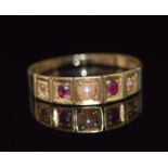 Victorian 18ct gold ring set with pearls and rubies, Birmingham 1897 & maker GWW, 2g, size M/N