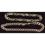 A 9ct gold curb link bracelet and a 9ct gold bracelet made up of wave and oval links, 12g