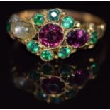 Victorian 12ct gold ring set with garnets and tourmaline, Birmingham 1873, 1.4g, size O/P
