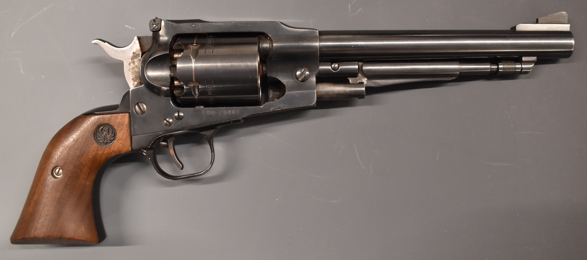 Ruger Old Army .44 six-shot single action revolver with shaped wooden grips, adjustable sights