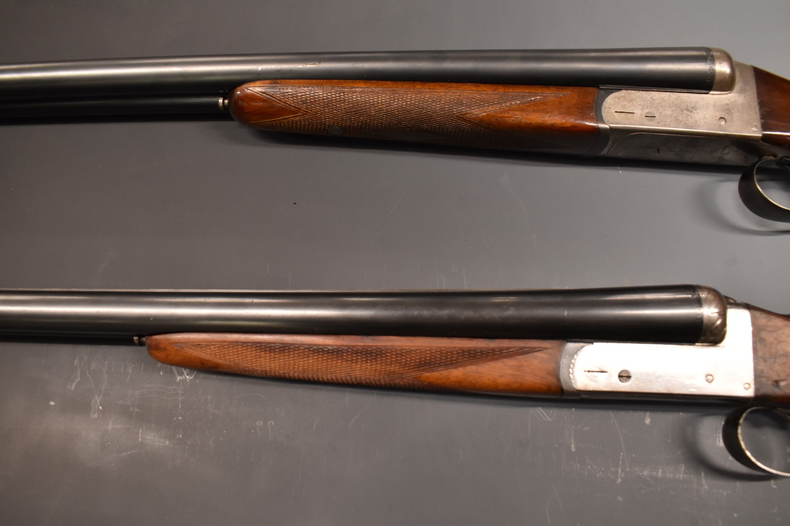 Two Spanish 12 bore side by side shotguns, one Master with chequered grip and forend, double trigger - Image 9 of 9