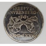 German States 1576 Nuremberg 1 Reichsguldines silver coin, obverse 2 shields of arms, reverse