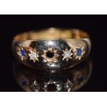 A 15ct gold ring set with diamonds and sapphires, Birmingham 1895, 2.4g, size M