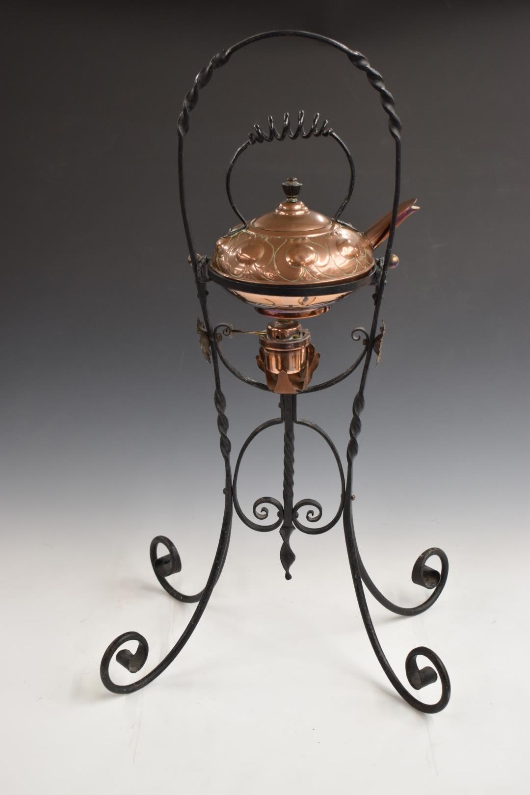 In the manner of W.A.S. Benson Arts and Crafts copper spirit kettle on wrought iron stand, H73cm - Image 3 of 7