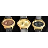 Three Chateau gentleman's gold plated digital jump hour wristwatches, on black leather straps,