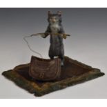 19th/20thC Franz Bergman cold painted bronze of a cat standing on a rug with bag, W19 x D16 x H15cm