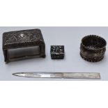 Large hallmarked silver match box holder, length 7.5cm, feature hallmarked silver letter opener,