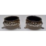 Pair of Victorian hallmarked silver footed salts with blue glass liners, London 1859, maker Robert