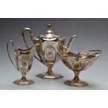 Daniel & Arter silver plated three piece teaset in the neoclassical style, height of teapot 22.5cm