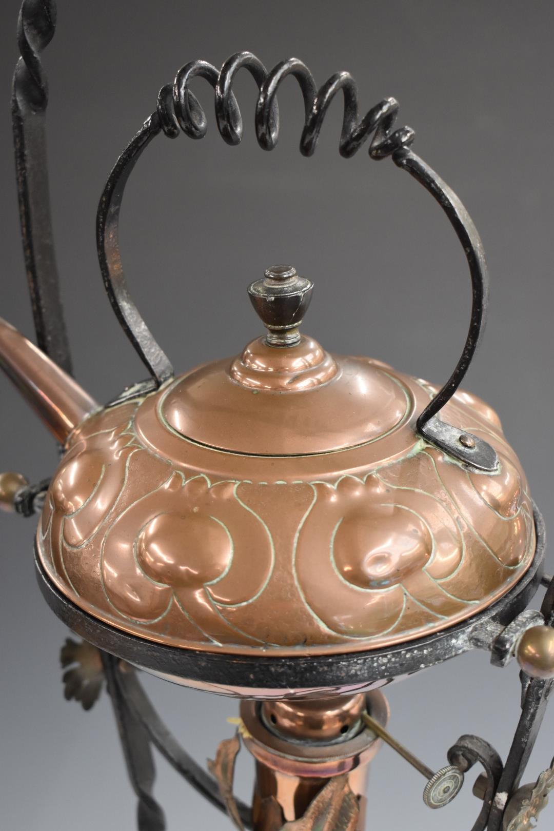 In the manner of W.A.S. Benson Arts and Crafts copper spirit kettle on wrought iron stand, H73cm - Image 6 of 7