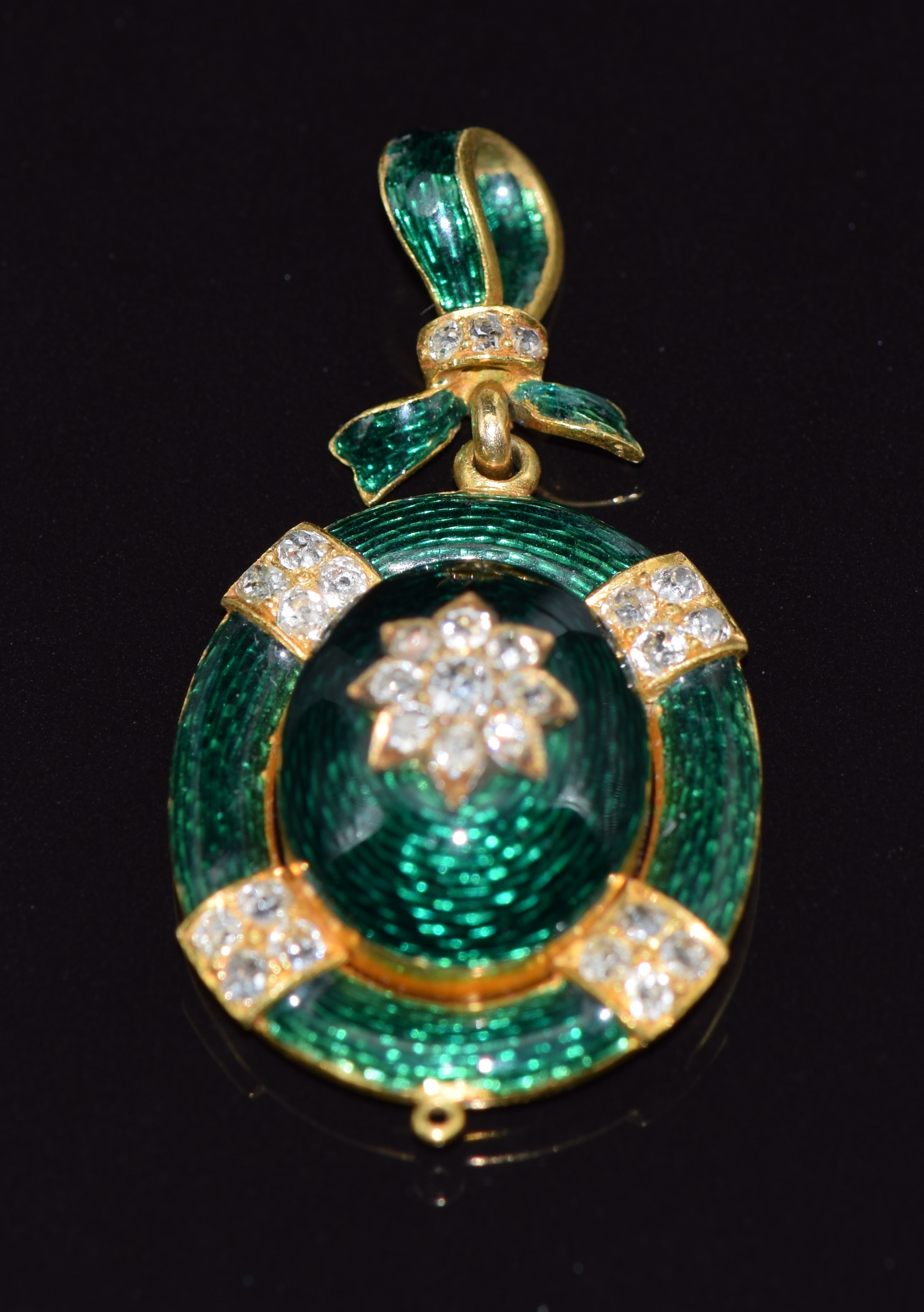 Victorian gold pendant/ locket set with green guilloché enamel and old cut diamonds, verso a glass - Image 2 of 3