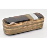 19thC gilt metal banded agate snuff or similar box with hinged inner lid, L5.5cm