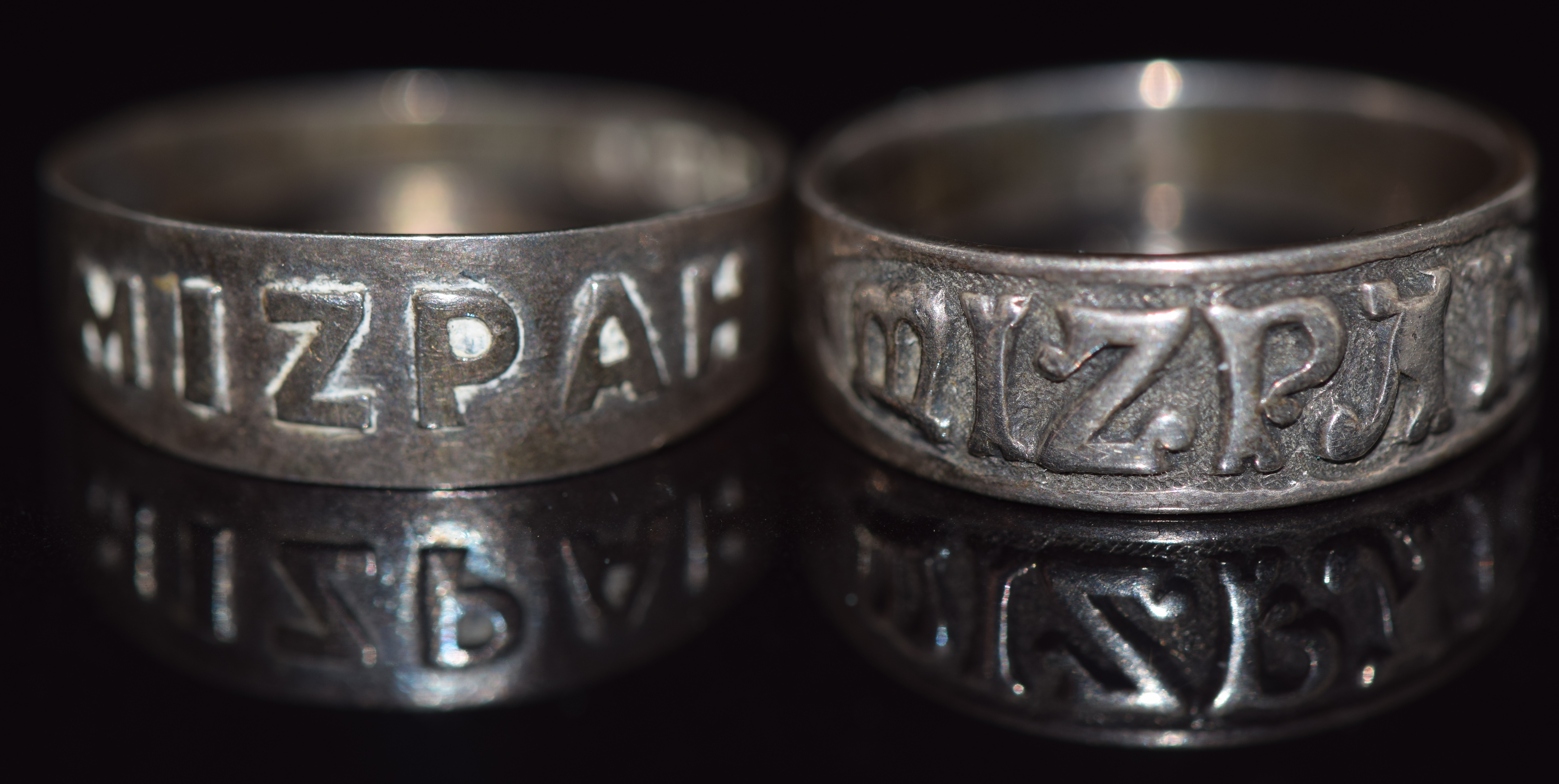 Two silver Mizpah rings, one Birmingham 1906, 3.9g, size J and M