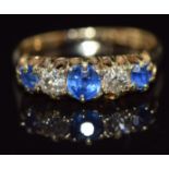 Victorian 18ct gold ring set with old cut sapphires and diamonds, total diamond weight approximately