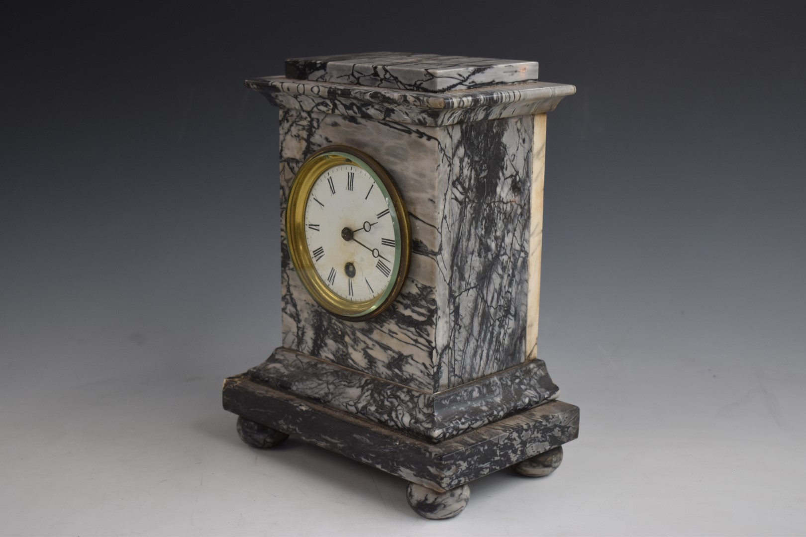 19thC grey marble cased mantel clock with enamel Roman dial and Breguet style hands, the single - Image 2 of 3