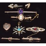 Four 9ct gold brooches set with a cameo, seed pearls and paste (8.9g), silver gilt pendant,