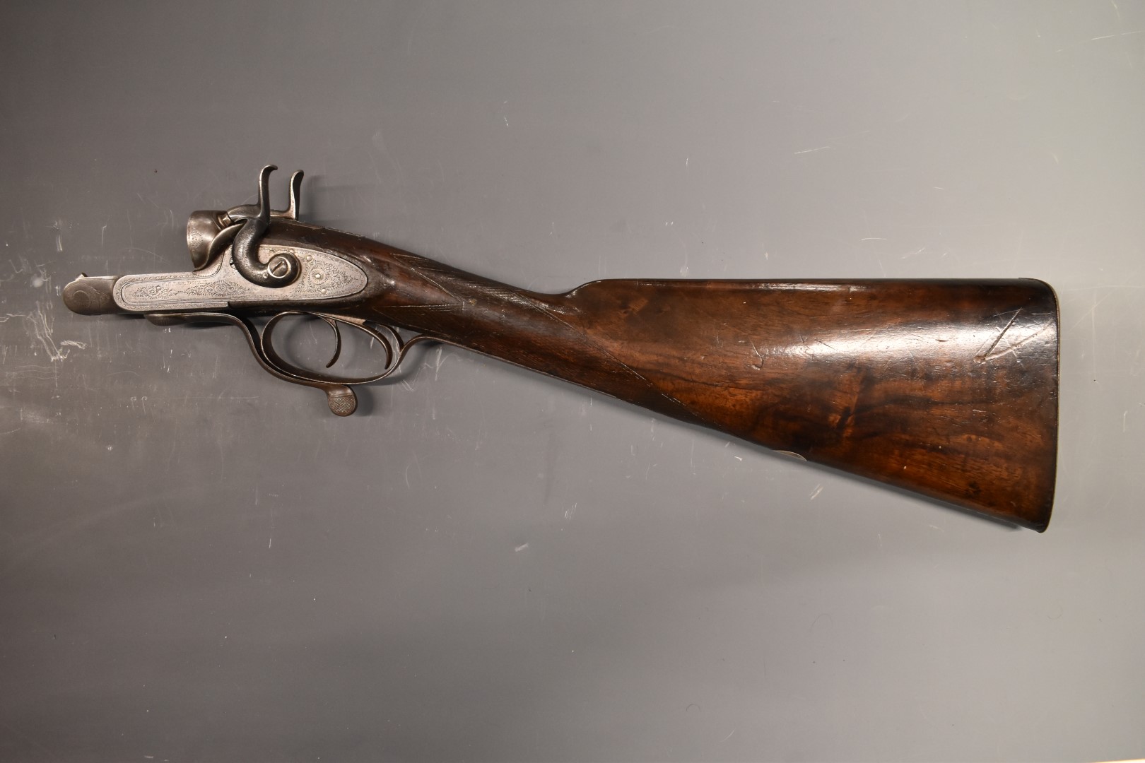 J V  Needham 12 bore side by side hammer action shotgun stock and action with named and engraved - Image 3 of 6