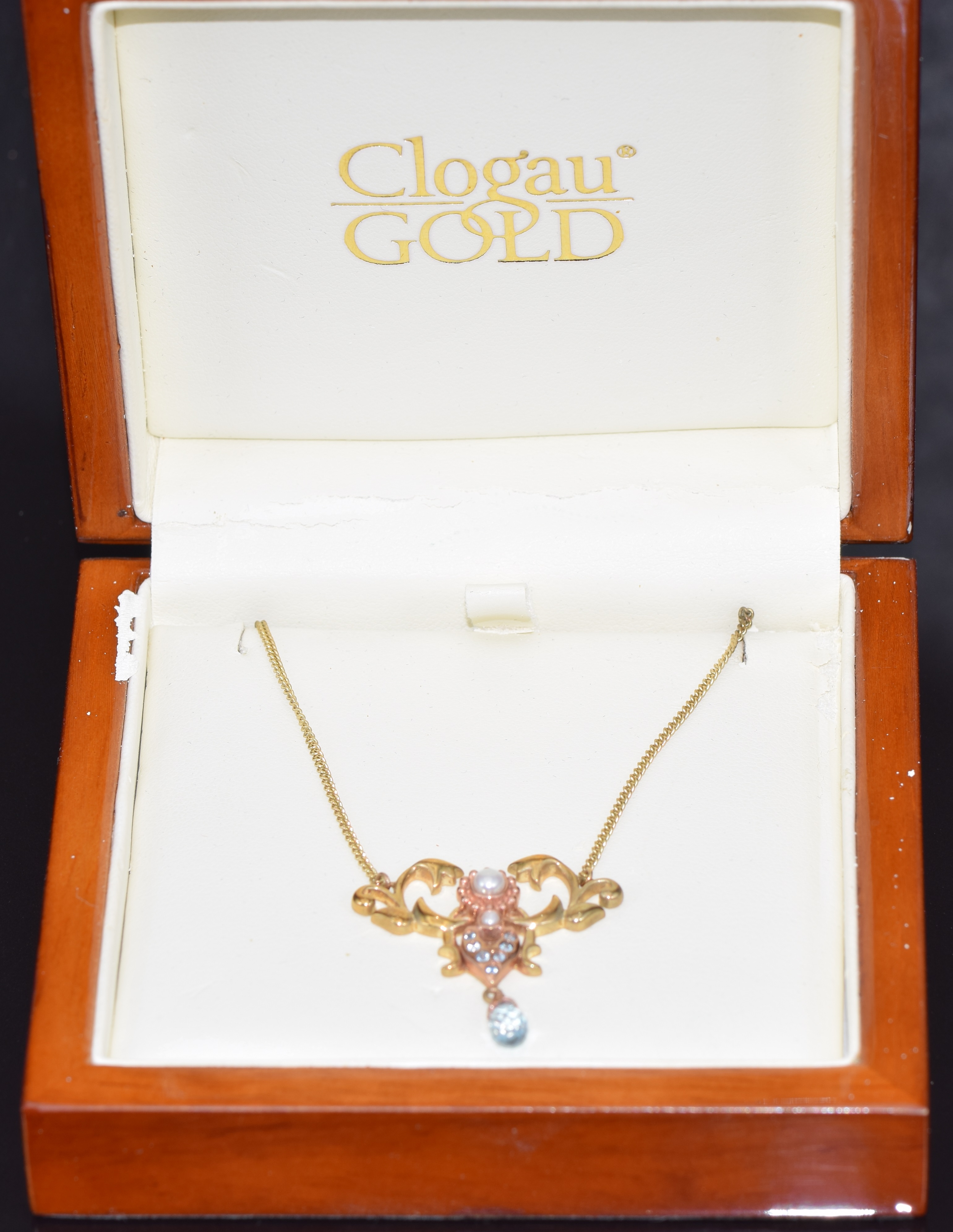 Clogau 9ct gold necklace set with pearls and aquamarines, in original box, 7.4g - Image 2 of 2